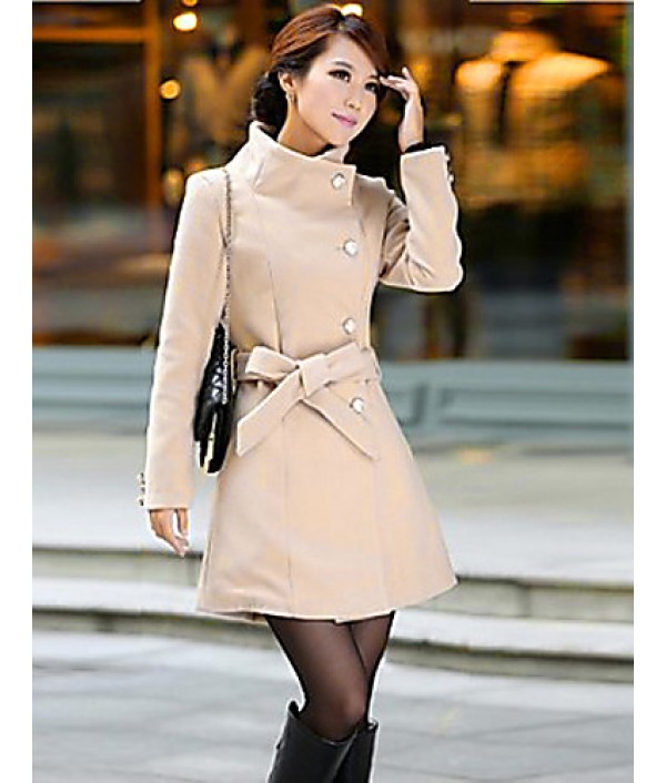 Women's Vintage / Cute Trench Coat,Solid Long Sleeve All Seasons Beige / Black / Gray Wool Medium