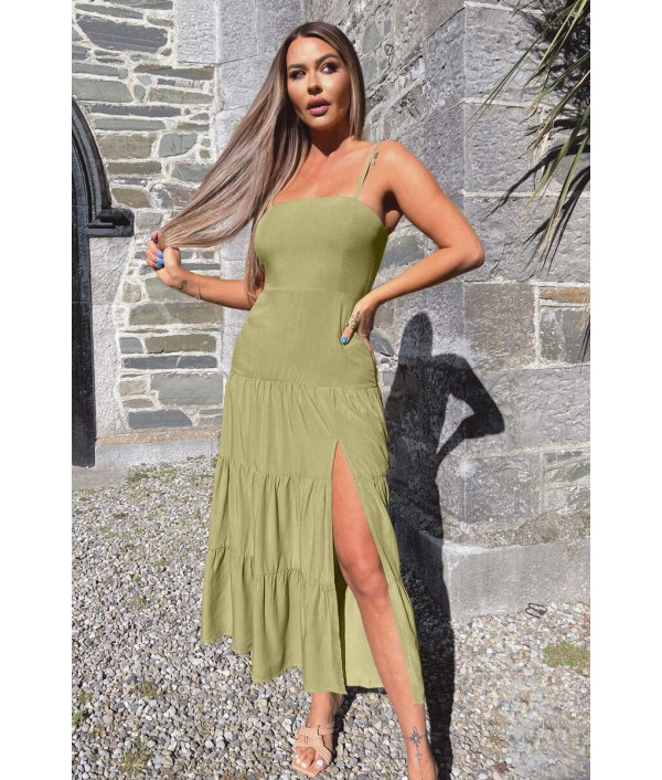 Khaki Strappy Smock Midi Dress