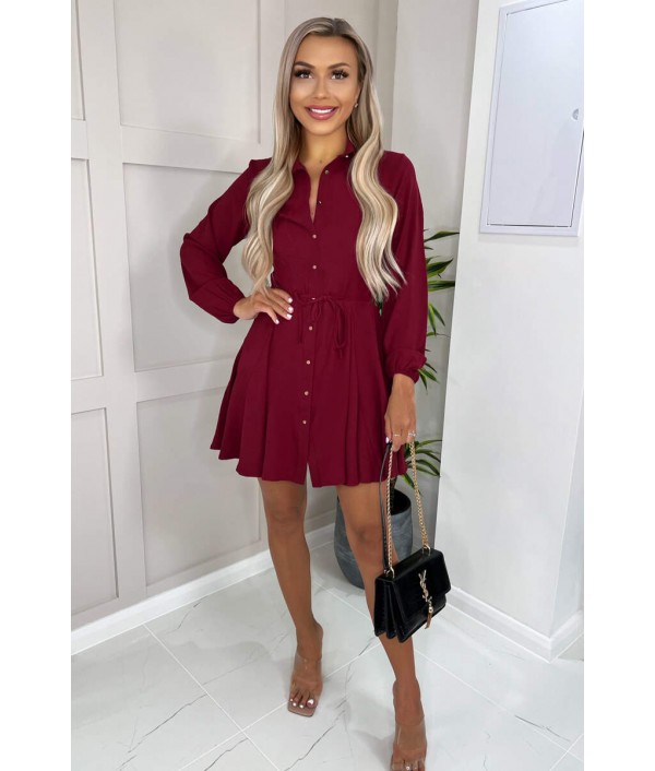 Wine Long Sleeve Belted Pleate...