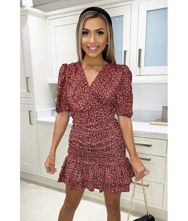 Red Ditsy Floral Ruched Frill ...