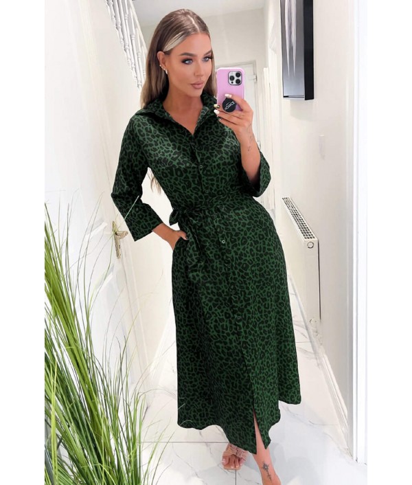 Green Animal Print Belted Midi...