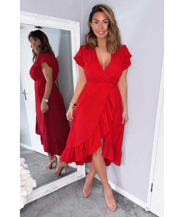 Red Wrap Over Frill Hem Short ...