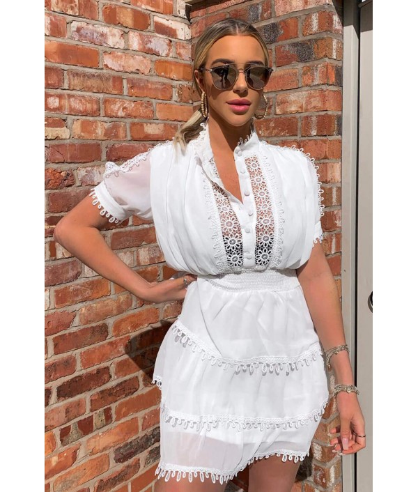 Cream Crochet Detail Tiered Dr...