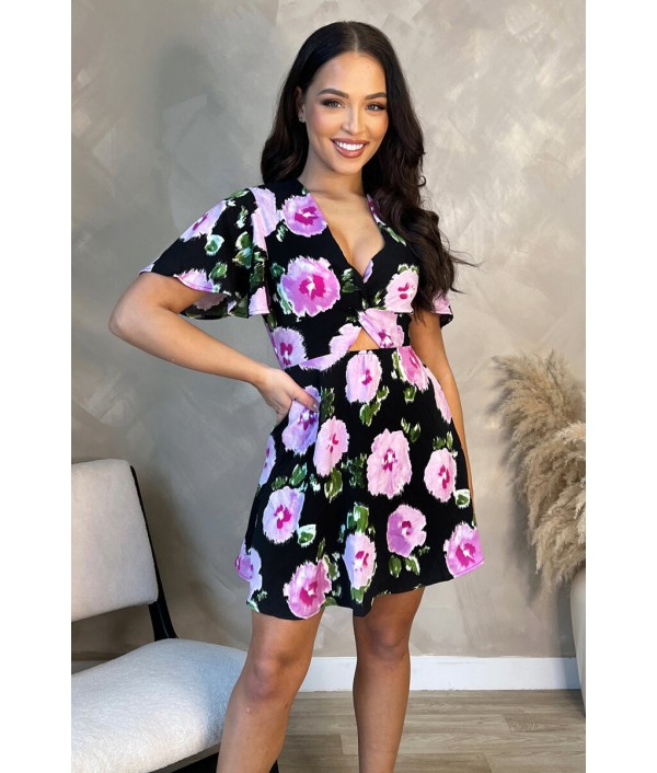 Black And Lilac Floral Printed Twist Knot Front Mini Dress
