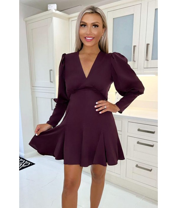 Plum V-Neck Long Sleeve Skater...