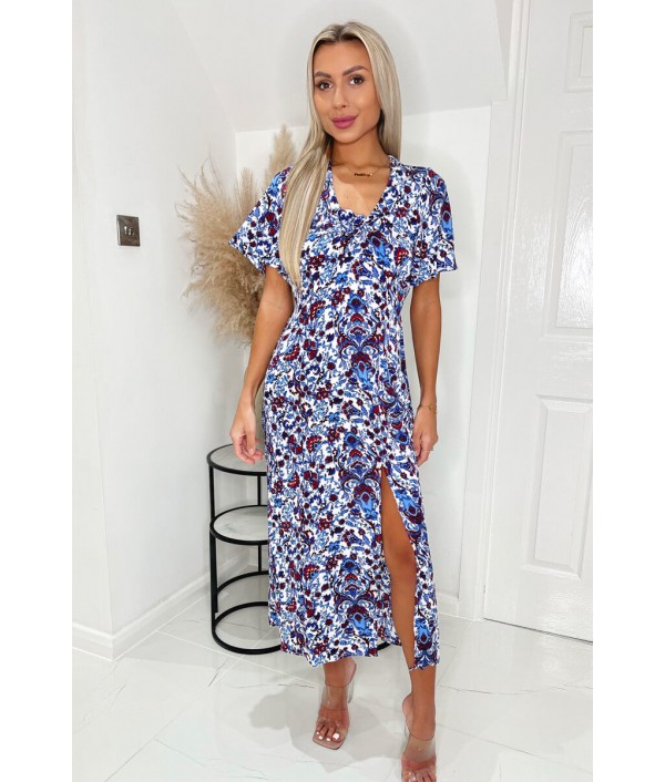 Blue Floral V Neck Tie Detail ...