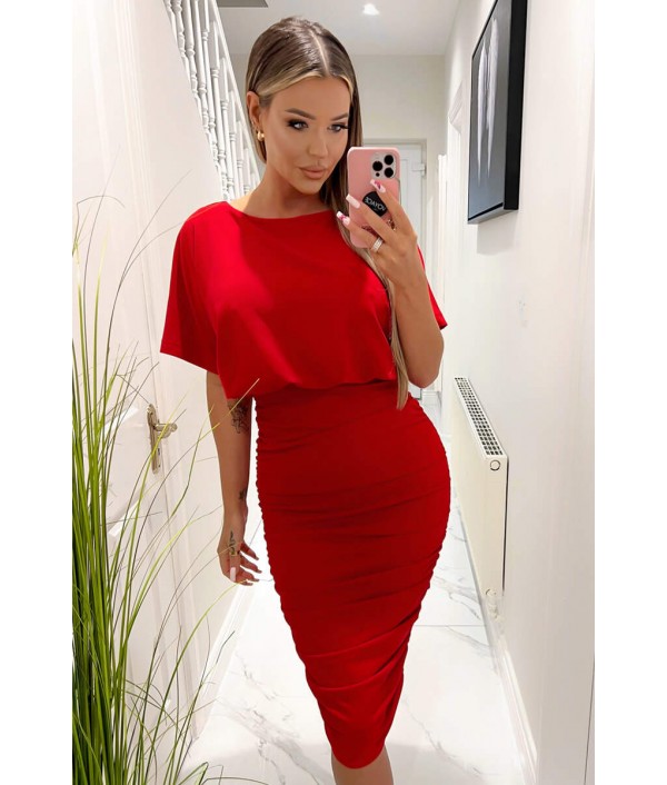 Red Short Sleeve Side Ruched M...