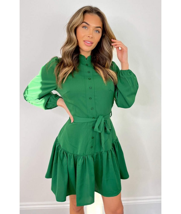 Green High Neck Button Frill Hem Dress