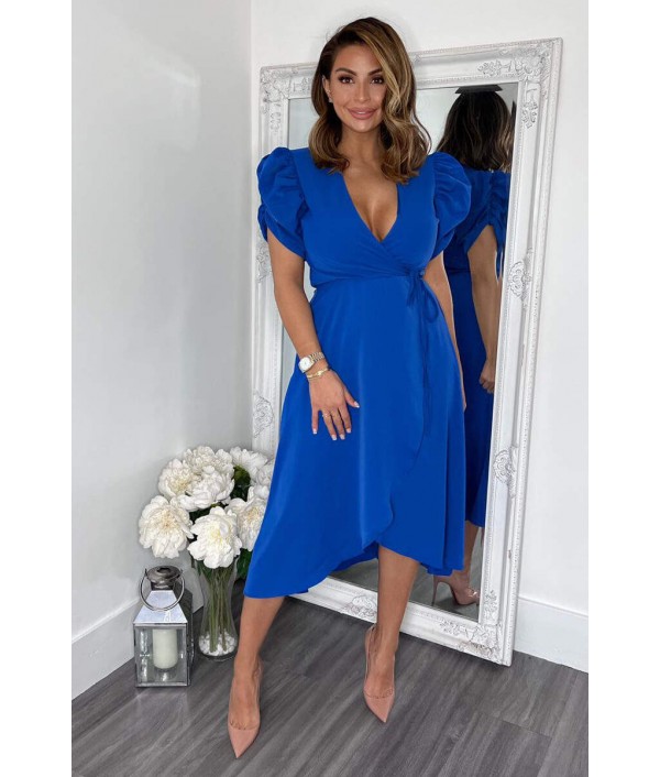 Blue Wrap Over Tie Midi Dress