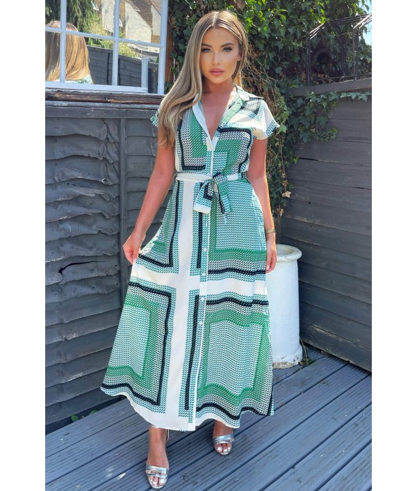 Green Printed Tie Waist Button...