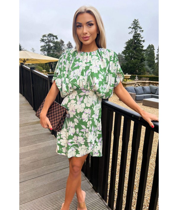 Green Floral Printed Batwing Mini Dress