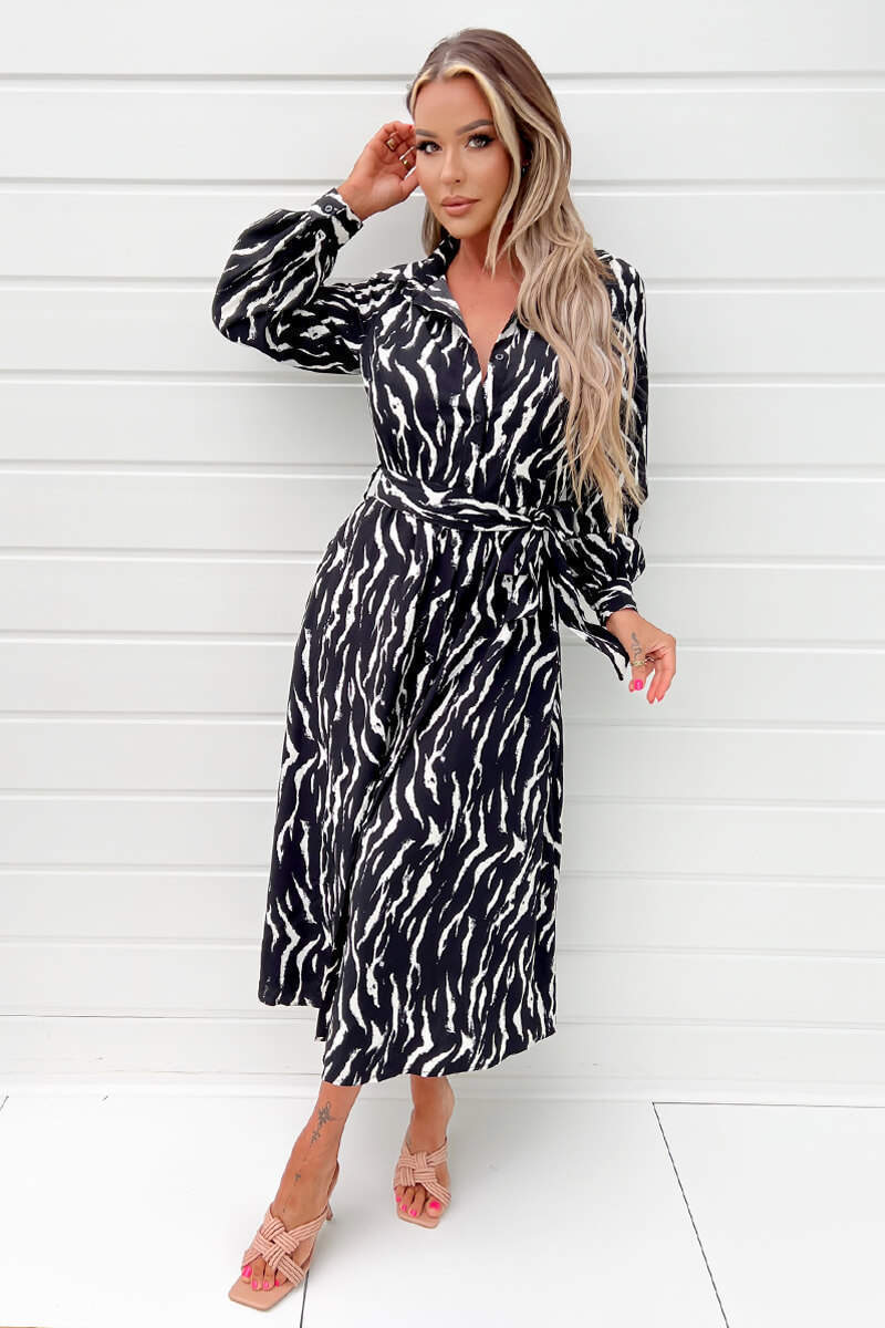 Black And White Printed Button Up Midi S...
