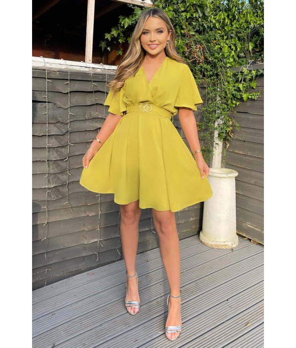 Lime Wrap Over Belted Skater Dress With Short Sleeves
