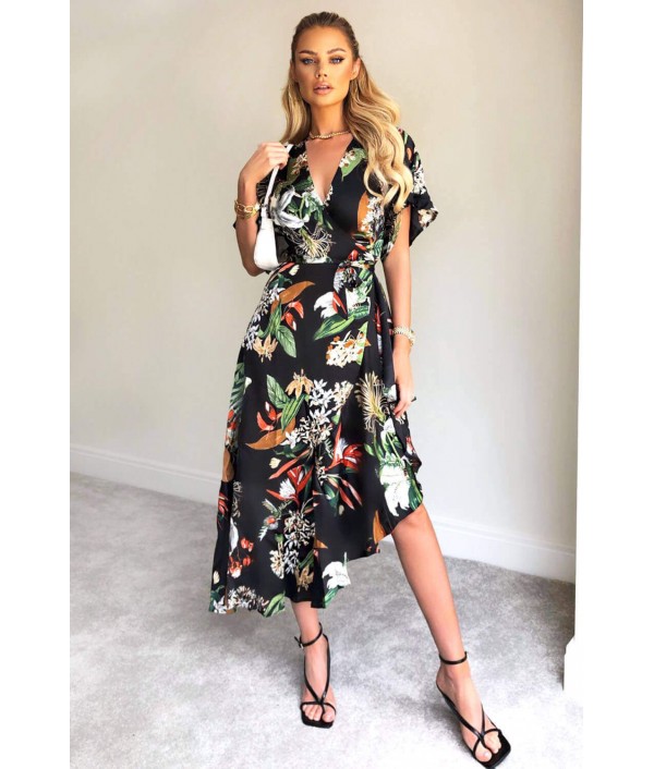Black Printed Floral Frill Hem Dress
