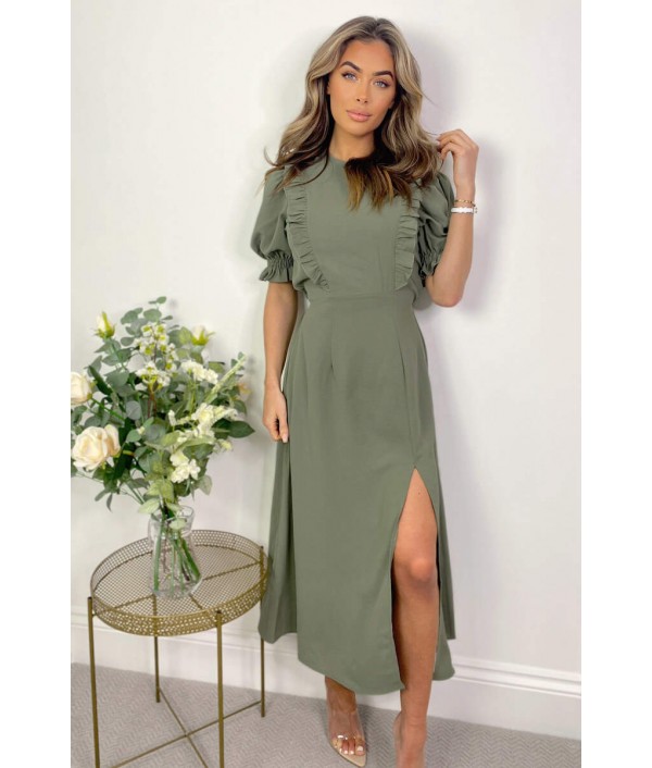 Khaki Ruffle Split Leg Midi Dr...